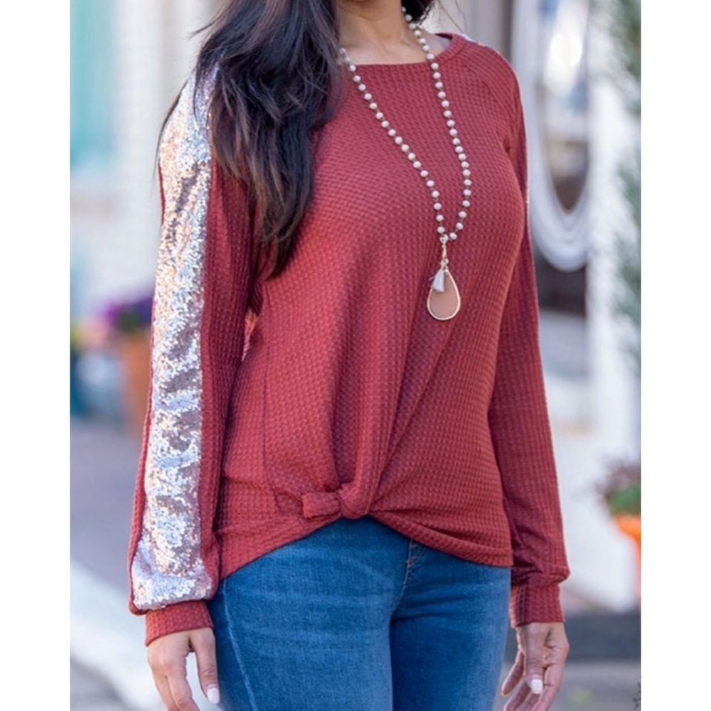 Grace & Emma orange long sleeve stretchy thermal top with gold sequins